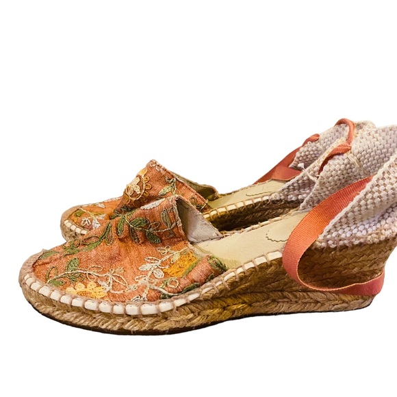Saks Fifth Avenue Shoes - SAKS FIFTH AVE Floral Peach Espadrille Wedge Heel Ankle Wrap